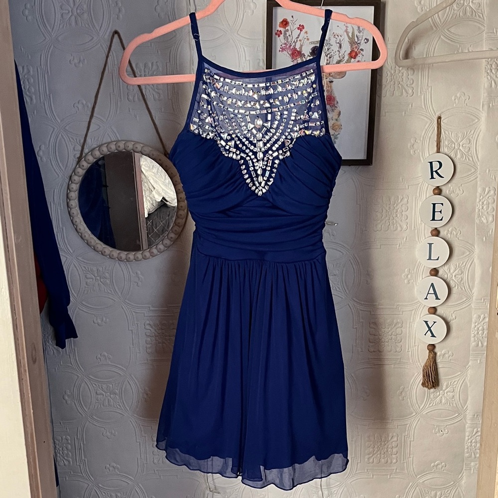B Darlin Navy Blue Beaded Mini Dress